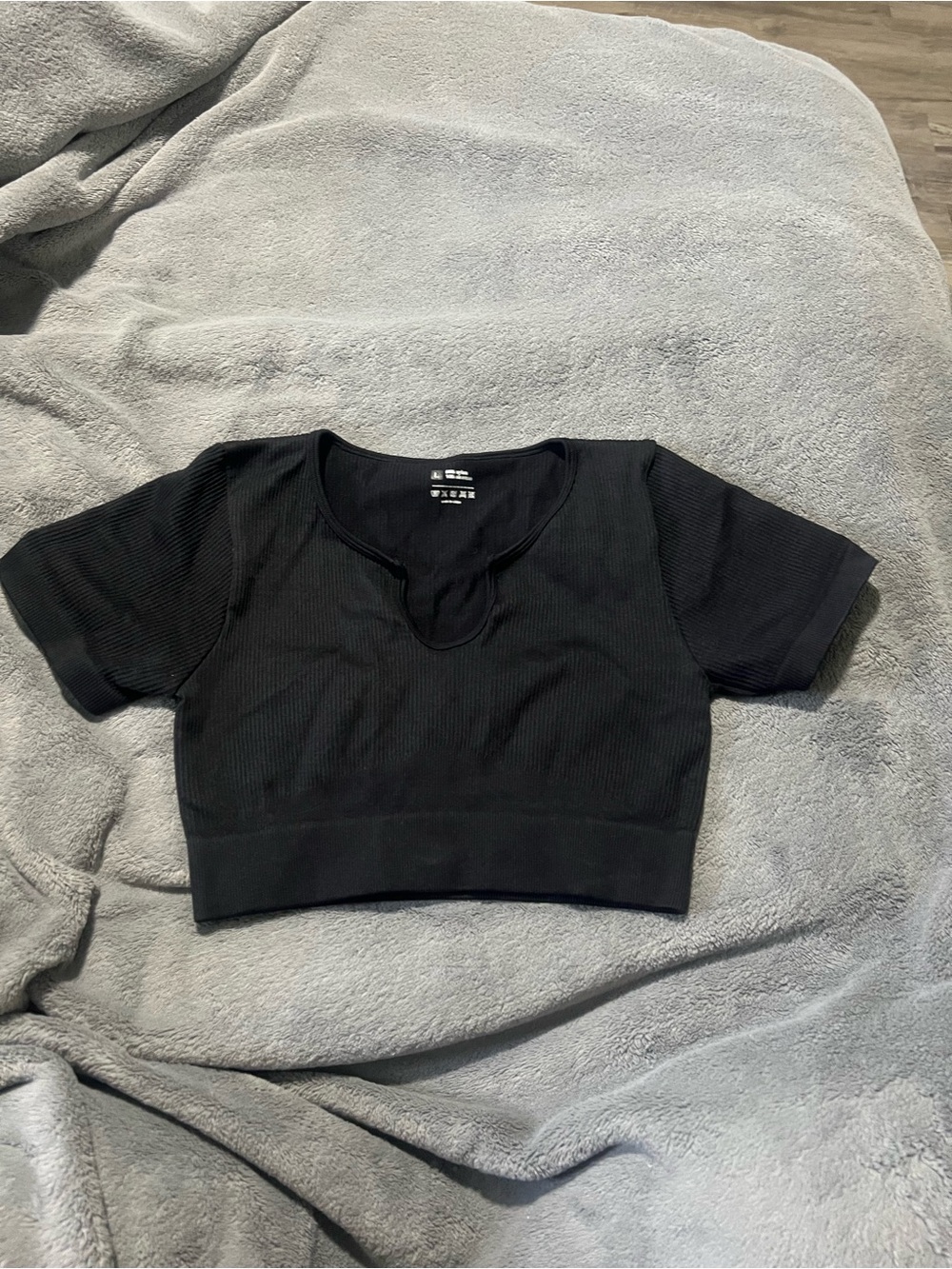 Women's Black Ribbed Crop Top with Notch Neck
